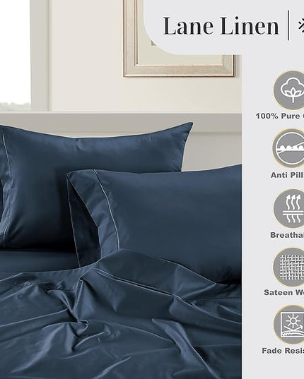 LANE LINEN 100% Egyptian Cotton Bed Sheets - 1000 Thread Count 3-Piece Twin Set Long Staple Bedding Sateen Weave Luxury Hotel Fits Upto 16" Mattress Dark Denim - LeafyLoom
