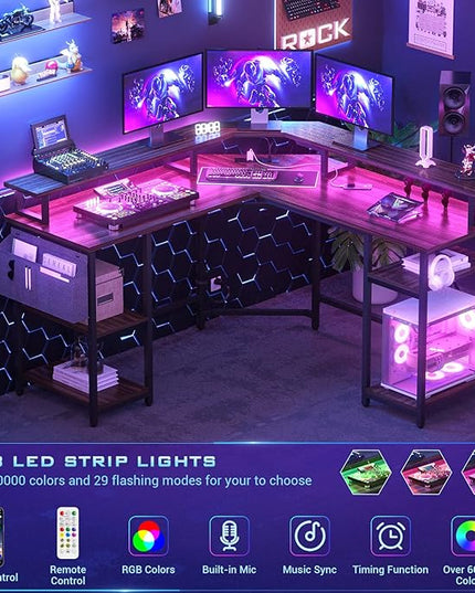 Aheaplus L Shaped Gaming Desk with Power Outlets & LED Lights, L- Shaped Desk Computer Corner Desk with Monitor Stand and Storage Shelf, Home Office Desk Writing Desk with Storage Bag, Espresso - LeafyLoom