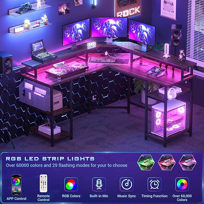 Aheaplus L Shaped Gaming Desk with Power Outlets & LED Lights, L- Shaped Desk Computer Corner Desk with Monitor Stand and Storage Shelf, Home Office Desk Writing Desk with Storage Bag, Espresso - LeafyLoom
