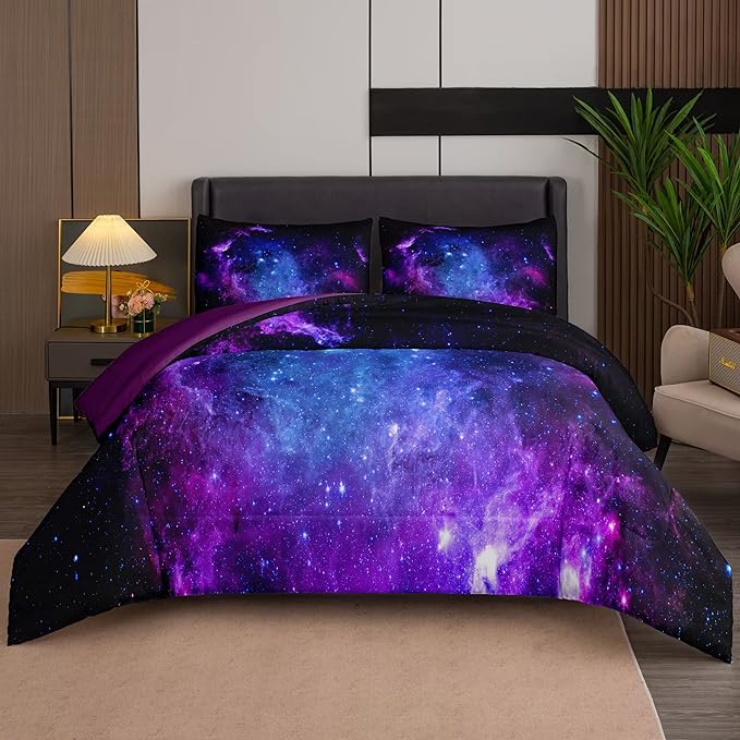 NINENINE Galaxy Bedding Full Size Comforter Sets for Girls Space Bedding Set Girls Comforter Sets Full Purple Bedding Sets with 1 Comforter 2 Pillowcases - LeafyLoom