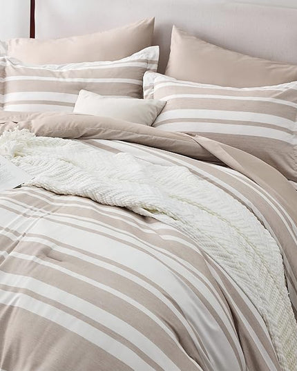 Bedsure Bed in a Bag California King Size 7 Pieces, Light Camel White Striped Bedding Comforter Sets All Season Bed Set, 2 Pillow Shams, Flat Sheet, Fitted Sheet and 2 Pillowcases - LeafyLoom