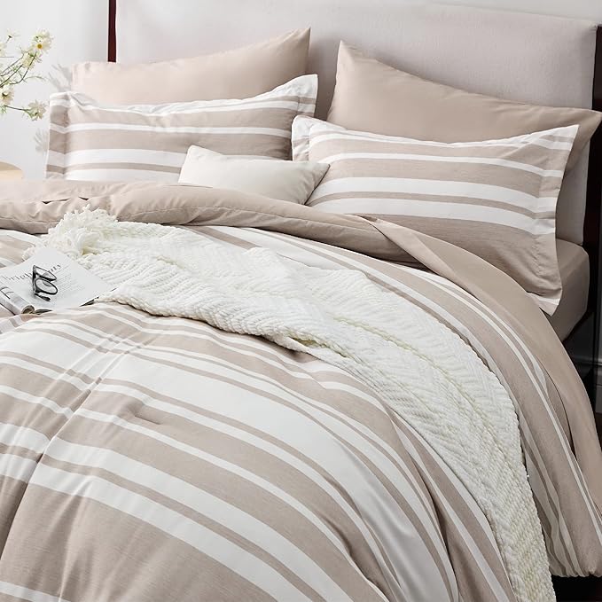 Bedsure Bed in a Bag California King Size 7 Pieces, Light Camel White Striped Bedding Comforter Sets All Season Bed Set, 2 Pillow Shams, Flat Sheet, Fitted Sheet and 2 Pillowcases - LeafyLoom