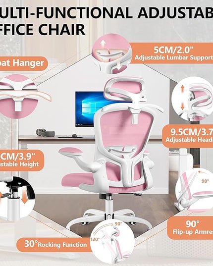 FelixKing Office Chair with Headrest, Ergonomic Desk Chair with Wheels, Task Swivel Comfy Chair with Adjustable Lumbar Support, Breathable Mesh Computer Chair with flip-up Armrests for Home (Pink) - LeafyLoom