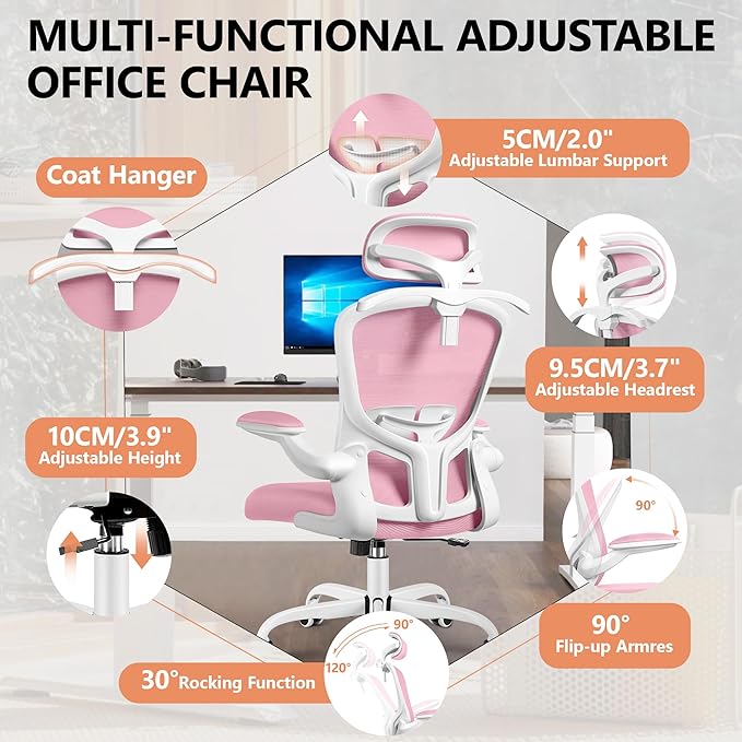 FelixKing Office Chair with Headrest, Ergonomic Desk Chair with Wheels, Task Swivel Comfy Chair with Adjustable Lumbar Support, Breathable Mesh Computer Chair with flip-up Armrests for Home (Pink) - LeafyLoom