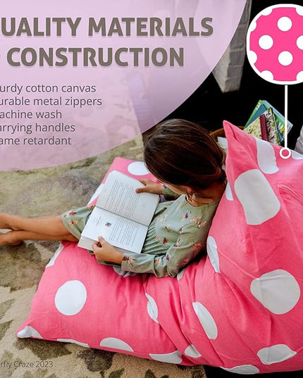 Butterfly Craze Bean Bag Chair Cover, Functional Toddler Toy Organizer, Fill with Stuffed Animals to Create a Jumbo, Comfy Floor Lounger for Boys or Girls, Stuffing Not Included, Pink Polka Dots - LeafyLoom