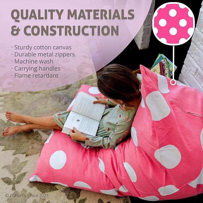 Butterfly Craze Bean Bag Chair Cover, Functional Toddler Toy Organizer, Fill with Stuffed Animals to Create a Jumbo, Comfy Floor Lounger for Boys or Girls, Stuffing Not Included, Pink Polka Dots - LeafyLoom