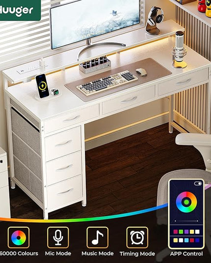 Gaming Desk with 6 Drawers, Computer Desk with LED Lights Power Outlets and Type-C, 47 Inch Office Desk with Storage, Monitor Stand, Writing Desk Work Desk Home Office, Bedroom, Study, White - LeafyLoom