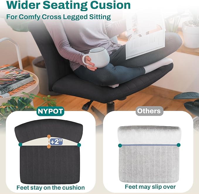 Criss Cross Desk Chair - Wide Armless Office Chair No Wheels, Cross Legged Office Chair, Adjustable Modern 360 Swivel Vanity, Fabric Padded,120° Rocking Ergonomic Mid Back Computer - Black - LeafyLoom