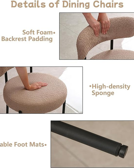 Light Brown Dining Chairs Set of 2 Round Upholstered Boucle Dining Room Chairs Mid-Century Modern Kitchen Chairs Curved Backrest Chairs for Dining Room Black Metal Legs - LeafyLoom