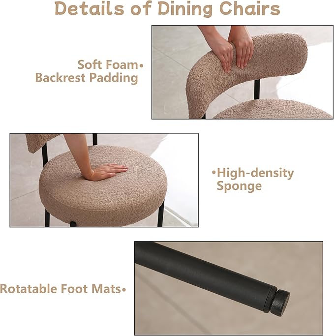 Light Brown Dining Chairs Set of 2 Round Upholstered Boucle Dining Room Chairs Mid-Century Modern Kitchen Chairs Curved Backrest Chairs for Dining Room Black Metal Legs - LeafyLoom