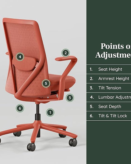 Branch Verve Chair - High Performance Executive Office Chair with Contoured Seat Back and Adjustable Lumbar Rest - High Density Foam Cushion with Aluminum Base - Up to 275 lbs - Coral - LeafyLoom