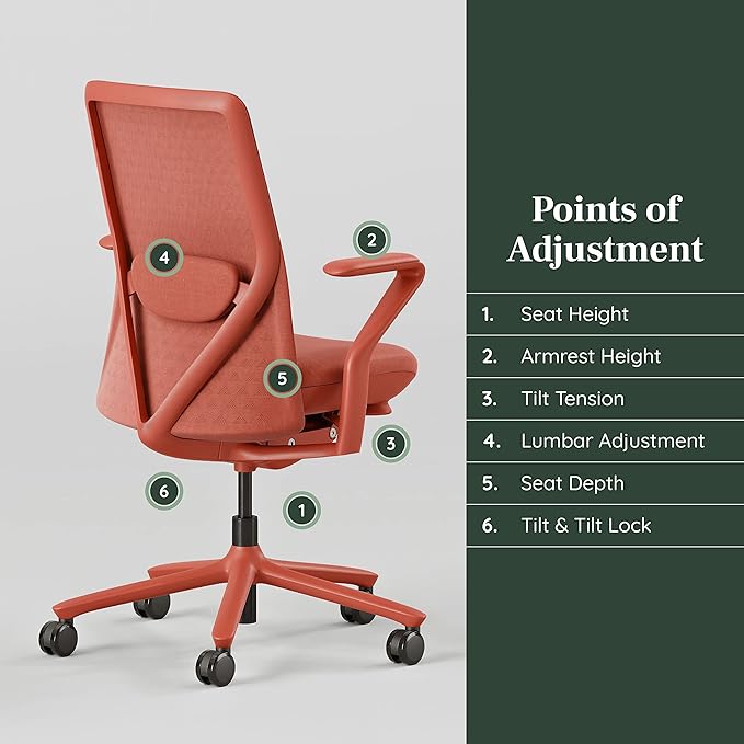 Branch Verve Chair - High Performance Executive Office Chair with Contoured Seat Back and Adjustable Lumbar Rest - High Density Foam Cushion with Aluminum Base - Up to 275 lbs - Coral - LeafyLoom