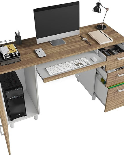 Modern Design By Crafts & comfort Venice Computer Desk - Office Desk with 3 Drawers & CPU Storage Cabinet - Laptop Workstation with Keyboard Tray & Cable Hole - Home & Office Supplies -Cass/White - LeafyLoom