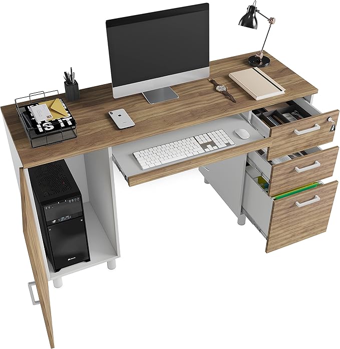 Modern Design By Crafts & comfort Venice Computer Desk - Office Desk with 3 Drawers & CPU Storage Cabinet - Laptop Workstation with Keyboard Tray & Cable Hole - Home & Office Supplies -Cass/White - LeafyLoom