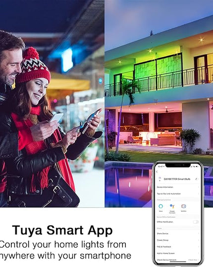 DAYBETTER Tuya Smart Light Bulbs, RGBCW WiFi Color Changing Led Bulbs Compatible with Alexa and Google Home Assistant, A19 E26 9W 800LM Multicolor Led Light Bulb, No Hub Required, Light Bulbs 12 Pack DAYBETTER