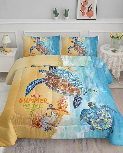 Datura home Beach Turtle Comforter Set Beach and Sea Turtle Printed Quilt Bedding Set with 1 Comforter and 2 Pillowcases for Boys and Girls Bedroom All Season(Beach Turtle Full) - LeafyLoom