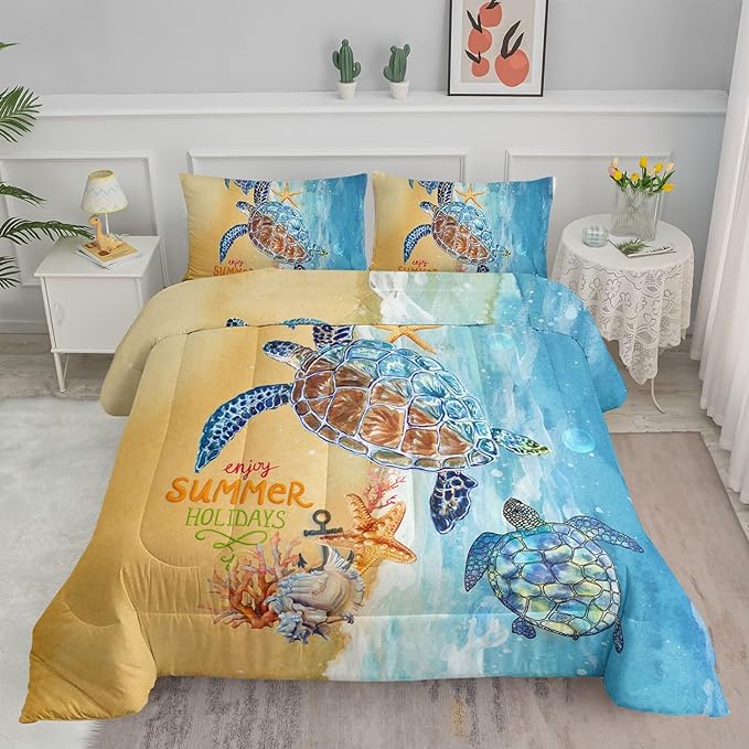 Datura home Beach Turtle Comforter Set Beach and Sea Turtle Printed Quilt Bedding Set with 1 Comforter and 2 Pillowcases for Boys and Girls Bedroom All Season(Beach Turtle Full) - LeafyLoom