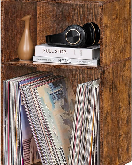 LEYAOYAO 2 Cube Bookshelf,Brown Record Player Stand Holds up to 100 Albums, Mini Wood Book Shelf Storage Organizer,Turntable Stand with Vinyl Storage Cabinet, Narrow Open Bookcase for Small Spaces - LeafyLoom