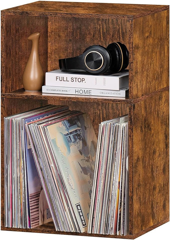 LEYAOYAO 2 Cube Bookshelf,Brown Record Player Stand Holds up to 100 Albums, Mini Wood Book Shelf Storage Organizer,Turntable Stand with Vinyl Storage Cabinet, Narrow Open Bookcase for Small Spaces - LeafyLoom