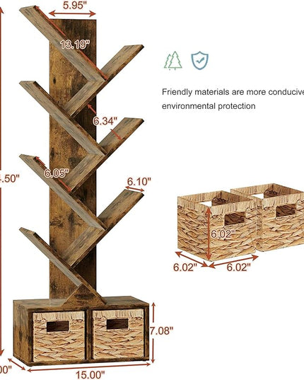 Vagusicc 6 Tier Tree Bookshelf - Retro Shelf Floor Standing Bookcase with Baskets, Tall Wood Book Storage Rack for Books/CDs, Tree Utility Book Organizer Shelves for Living Room, Home Office, Bedroom - LeafyLoom