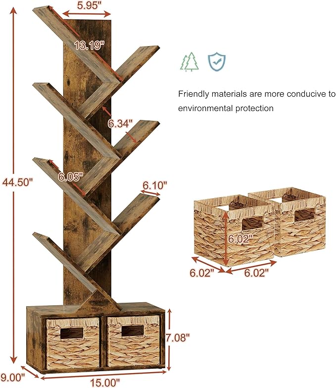 Vagusicc 6 Tier Tree Bookshelf - Retro Shelf Floor Standing Bookcase with Baskets, Tall Wood Book Storage Rack for Books/CDs, Tree Utility Book Organizer Shelves for Living Room, Home Office, Bedroom - LeafyLoom