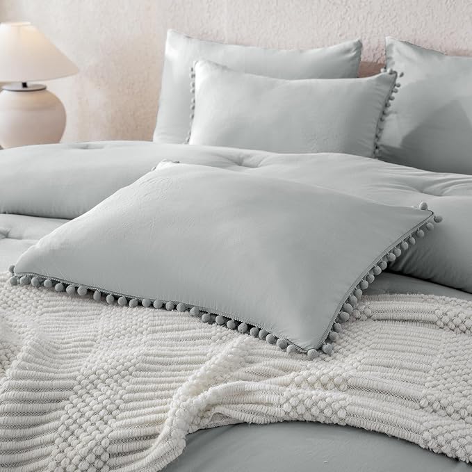 Litanika Queen Size Comforter Set Light Grey,3 Pieces Light Grey Boho Pom Pom Lightweight Bed Comforter, All Season Soft Solid Color Bedding Comforter Sets (1 Comforter 90x90 Inch, 2 Pillowcases) - LeafyLoom