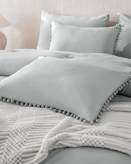 Litanika Comforter Full Size Set Light Grey,3 Pieces Light Grey Boho Pom Pom Lightweight Bed Comforter Full,All Season Soft Color Bedding Comforter Sets (1 Comforter 79x90 Inch, 2 Pillowcases) - LeafyLoom