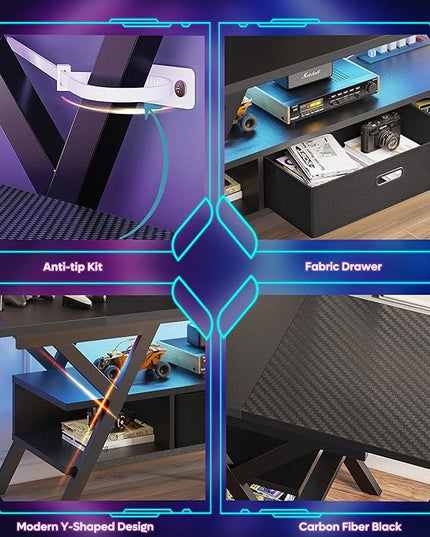 Bestier 70 Inch Gaming Tv Stands for Living Room with Power Outlet for Television up to 75", Black Entertainment Center with Led Lights for Living Room Bedroom. Carbon Fiber Black - LeafyLoom