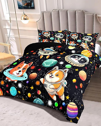 Dog Full Comforter Set for Boys Outer Space Dog Bedding Set Cute Cartoon Dog Astronaut Prints Bedding Kids Comforter Sets 3 Pieces Funny Space Dog Full Size Quilt Set with 2 Pillowcases - LeafyLoom