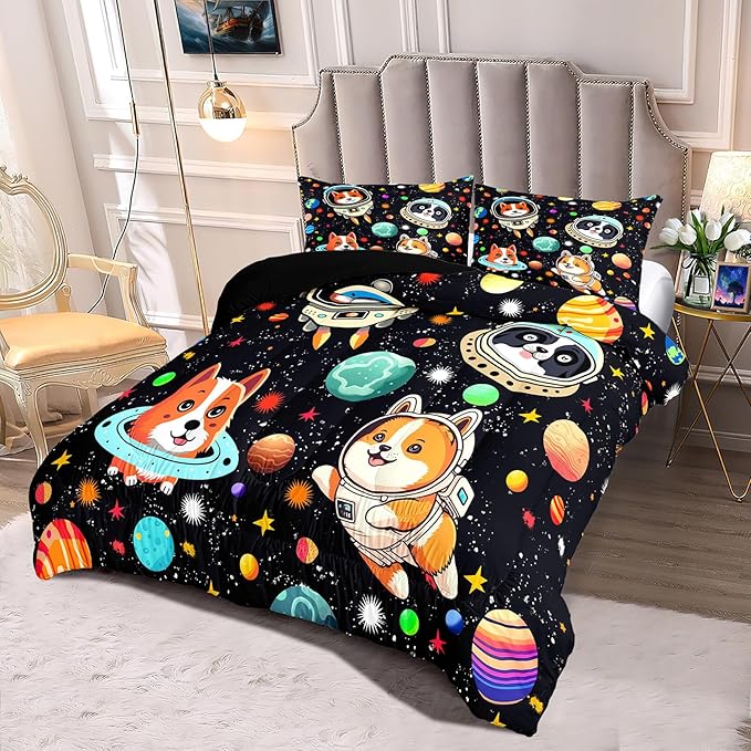 Dog Full Comforter Set for Boys Outer Space Dog Bedding Set Cute Cartoon Dog Astronaut Prints Bedding Kids Comforter Sets 3 Pieces Funny Space Dog Full Size Quilt Set with 2 Pillowcases - LeafyLoom