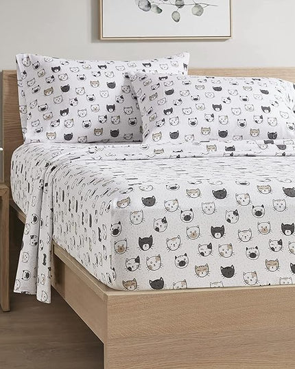 Comfort Spaces Cotton Flannel Breathable Warm, Deep Pocket Sheets with Pillow Case Bedding, Queen, Grey/Pink Cats 4 Piece - LeafyLoom