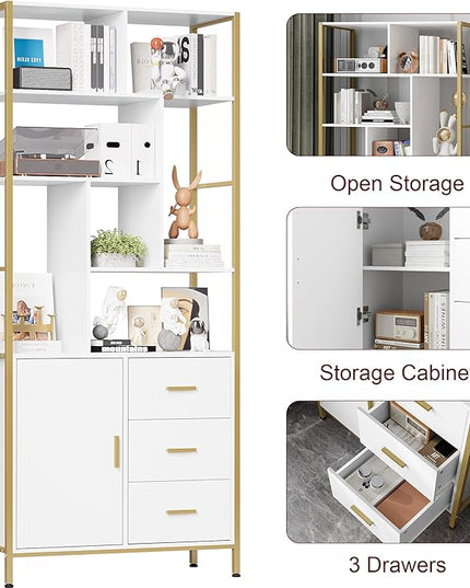 71.2 Inch Tall Bookshelf, Bookcase with door and 3 Drawers, Floor Standing Display Storage Shelves for Home Office, Living Room - LeafyLoom