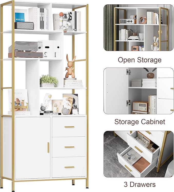 71.2 Inch Tall Bookshelf, Bookcase with door and 3 Drawers, Floor Standing Display Storage Shelves for Home Office, Living Room - LeafyLoom