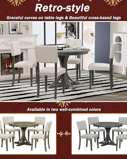 5 Piece Modern Round Dining Set, Including Solid Wood Curved Trestle Style Table Legs and 4 Upholstered Backrest Cushioned Chairs, for Kitchen, Living Room, Dark Gray+Brown - LeafyLoom