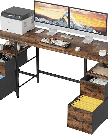 63'' Office Desk with 4 Fabric File Drawers - File Drawer Organization, Computer Work Desk, Study Writing Table, Home Office Workstation, Rustic Brown. - LeafyLoom