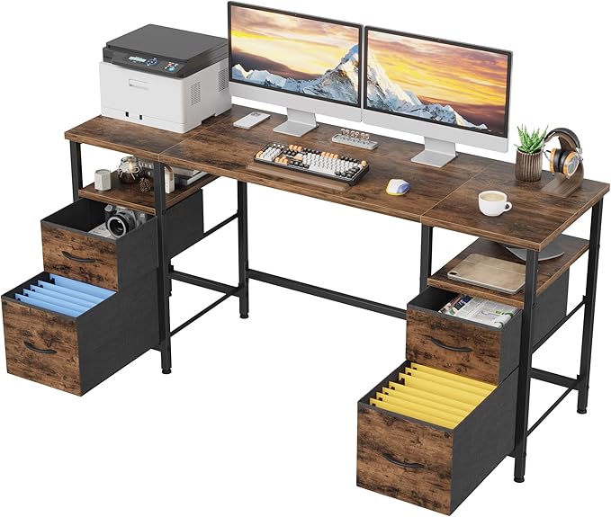 63'' Office Desk with 4 Fabric File Drawers - File Drawer Organization, Computer Work Desk, Study Writing Table, Home Office Workstation, Rustic Brown. - LeafyLoom