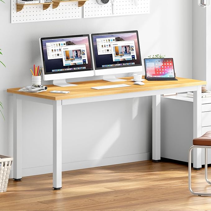DlandHome 63 inches X-Large Computer Desk, Composite Wood Board, Decent and Steady Home Office Desk/Workstation/Table, BS1-160TW Teak and White Legs, 1 Pack - LeafyLoom