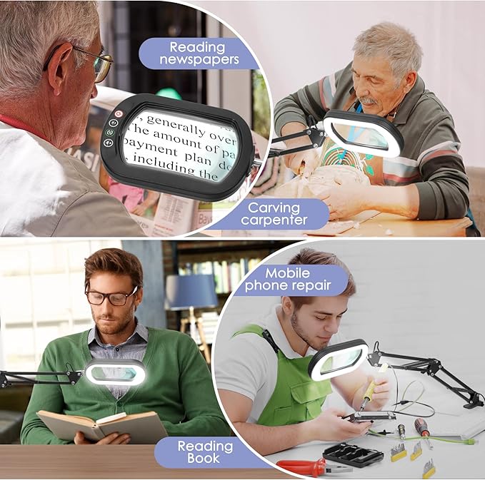 10X Square Magnifying Glass with Light and Stand, Real Glass LED Lighted Magnifier, 5 Color Modes Stepless Dimmable, Hands-Free Mag Desk Lamp with Clamp for Reading Craft Hobby Close Work - LeafyLoom