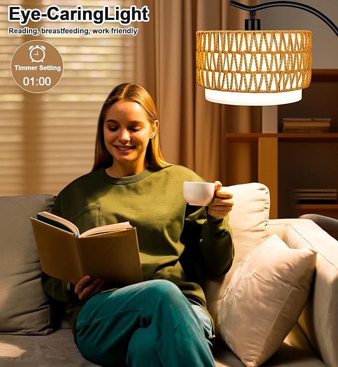 Arc Floor Lamp for Living Room with 3 Color Temperatures, Farmhouse Floor Lamps with Remote & Dimmable Bulb, Rattan Boho Standing Lamp with Fabric Shades, Adjustable Tall Lamp for Bedroom Office - LeafyLoom