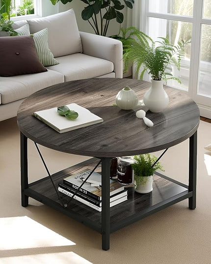 YITAHOME Coffee Tables for Living Room, Round Coffee Table, Small Coffee Table with Storage, 2 Tier Modern Coffee Table, Wood Circle Center Table with Metal Frame, Gray - LeafyLoom