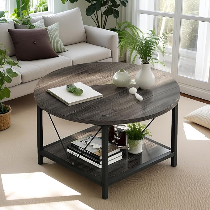 YITAHOME Coffee Tables for Living Room, Round Coffee Table, Small Coffee Table with Storage, 2 Tier Modern Coffee Table, Wood Circle Center Table with Metal Frame, Gray - LeafyLoom