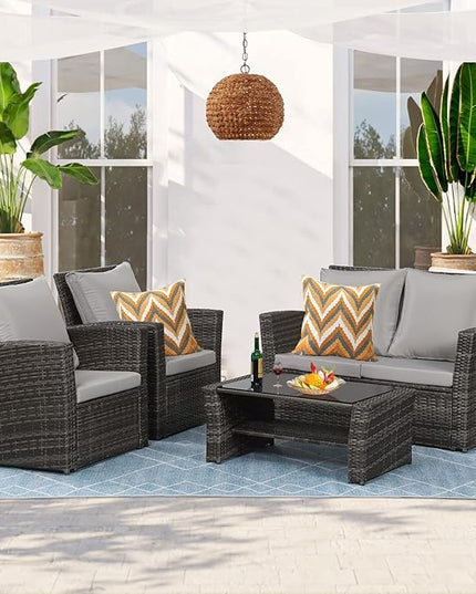 4 Piece Patio Furniture Sets, All-Weather Wicker Conversation Sets, Outdoor Rattan Sectional Sofa Chair with Cushions and Coffee Table for balcony, garden, backyard, Grey - LeafyLoom