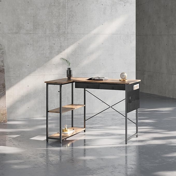 Ｍａｉｈａｉｌ Maihail Home Office Desk with Drawers Shelves, 39” Computer Corner Desk, Small Space, Small L Shaped Desk with Side Storage for Bedroom, Rustic Brown - LeafyLoom