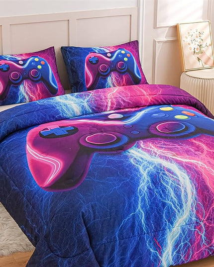 Meeting Story Gamer Gaming Bedding Sets Red Blue Lightnings Gamepad Comforter Set for Boys Games Console Action Buttons Novelty Colorful Modern Room Decor Home Quilt Set (Blue-Purple, Twin) - LeafyLoom