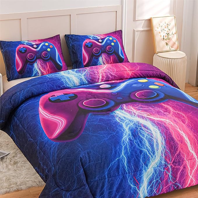 Meeting Story Gamer Gaming Bedding Sets Red Blue Lightnings Gamepad Comforter Set for Boys Games Console Action Buttons Novelty Colorful Modern Room Decor Home Quilt Set (Blue-Purple, Twin) - LeafyLoom
