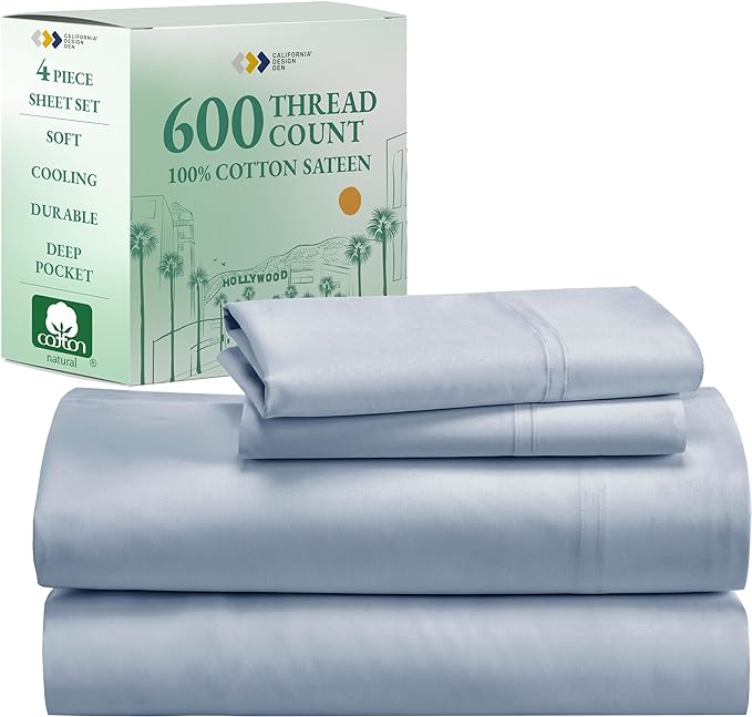 California Design Den California King Sheet Set - 100% Cotton, 600 Thread Count Deep Pocket Cal King Sheet Set, Luxury Hotel-Quality Sheets with Soft Sateen Weave - Blue - LeafyLoom