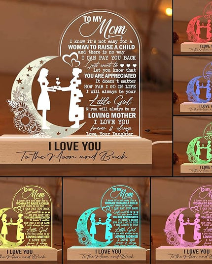 Mom 3D Illusion Lamp w/Wooden Base USB Powered, Mom Acrylic Night Light, to My Mom Gift from Son Kids, Bonus Mom Stepmom Gift, Lamp Present for Mom Mother, Gift for Birthday Mothers Day - LeafyLoom