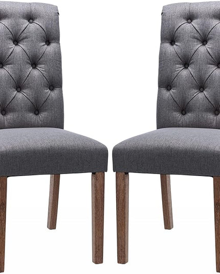 COLAMY Button Tufted Dining Chairs Set of 2, Parsons Upholstered Fabric Dining Room Chairs Kitchen Chairs with Wood Legs and Padded Seat, Dark Grey - LeafyLoom