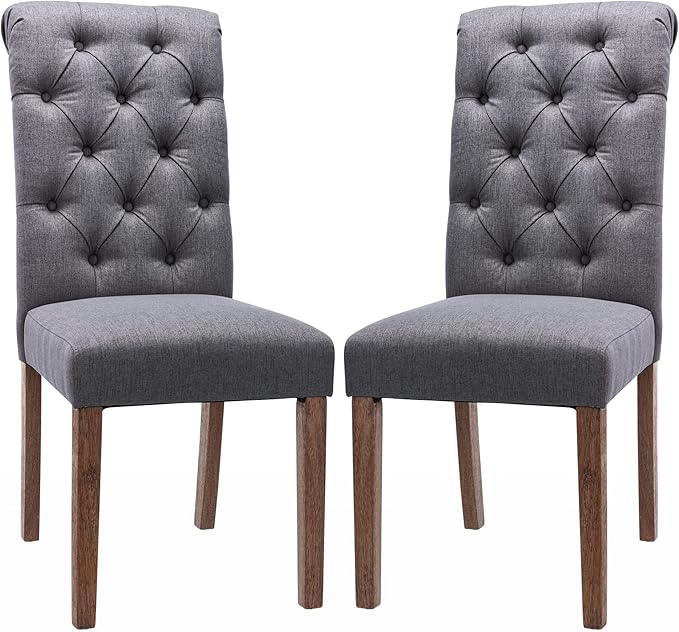 COLAMY Button Tufted Dining Chairs Set of 2, Parsons Upholstered Fabric Dining Room Chairs Kitchen Chairs with Wood Legs and Padded Seat, Dark Grey - LeafyLoom