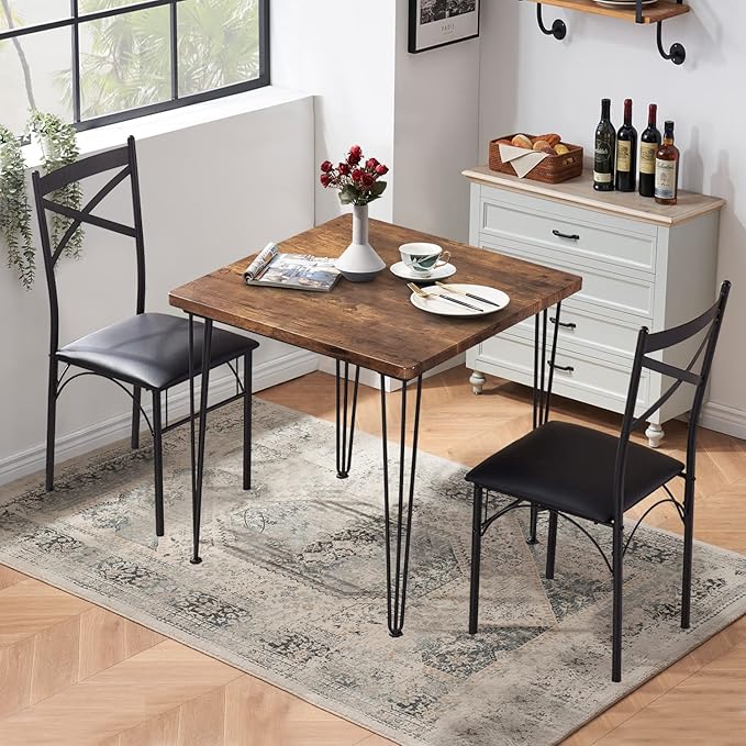 VECELO 3-Piece Dining Room Kitchen Table and Pu Cushion Chair Sets for Small Space, Seating for two, Brown - LeafyLoom